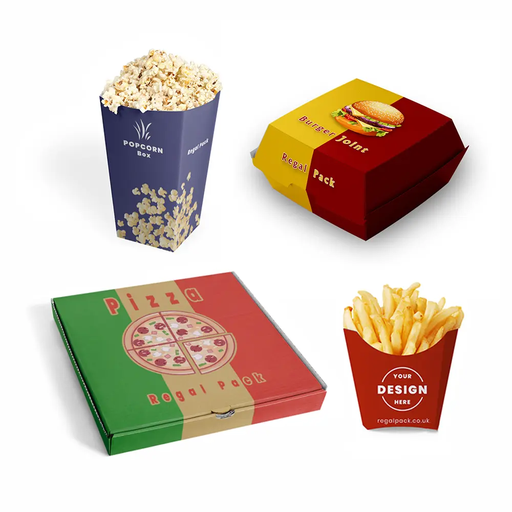 Takeaway Popcorn box with popcorns in it, Custom burger box, personalized pizza box and bespoke French Fries box