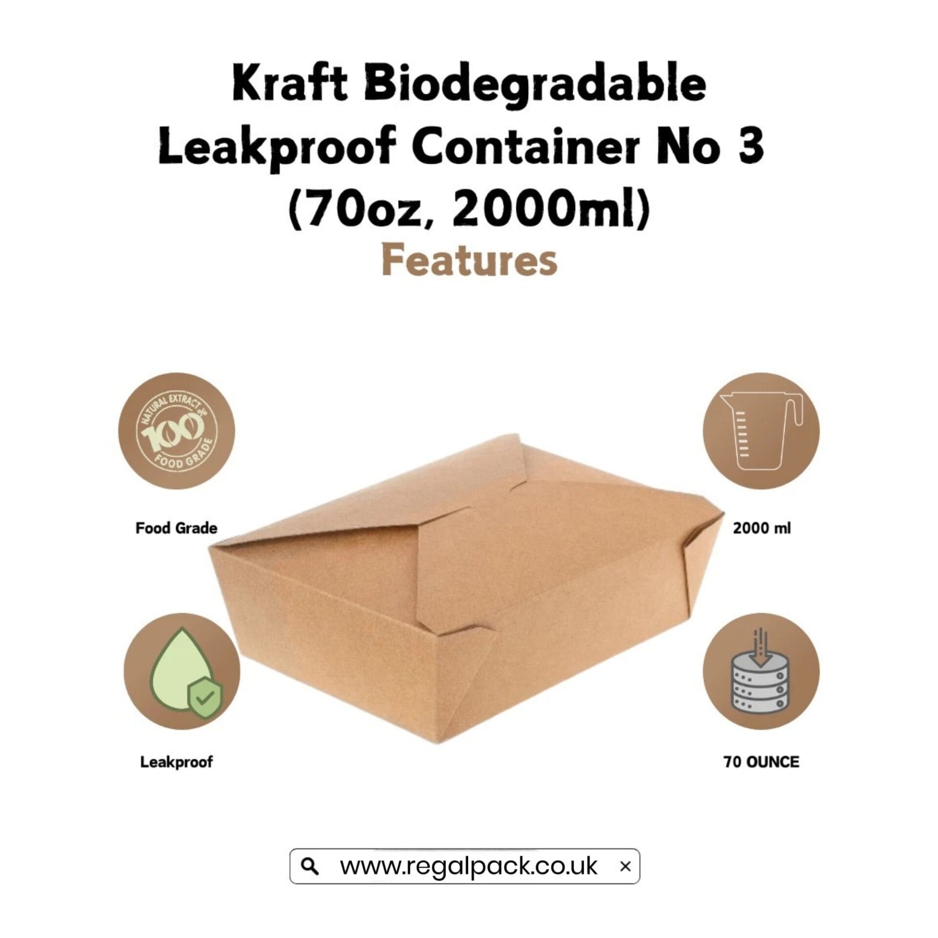 70oz/2000ml No3 Kraft Biodegradable Leakproof Container - Image 2